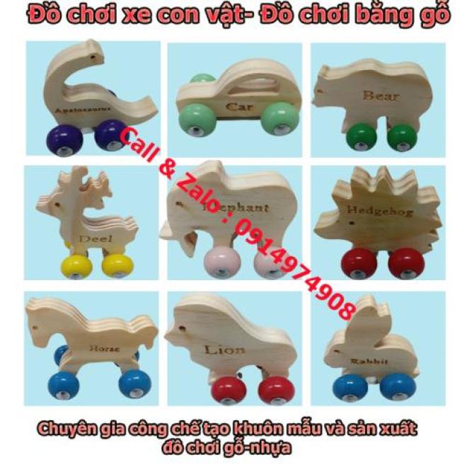 Mô hình xe đồ chơi con vật bằng gỗ thông có bánh xe di chuyển chất lượng