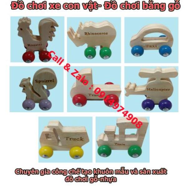 Mô hình xe đồ chơi con vật bằng gỗ thông có bánh xe di chuyển chất lượng