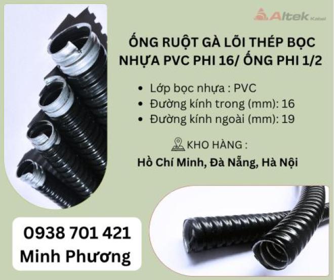 Ống ruột gà lõi thép bọc nhựa PVC phi 16/ Ống phi 1/2 Đà Nẵng, Hà Nội, Hồ Chí Minh