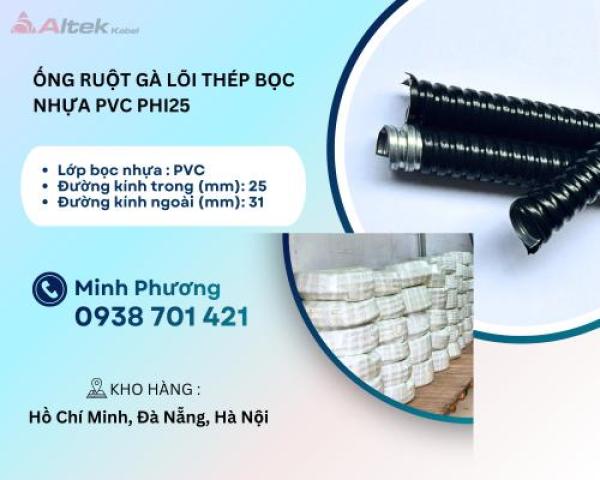 Ống ruột gà lõi thép bọc nhựa PVC phi 25 Đà Nẵng, Quảng Ngãi, Huế
